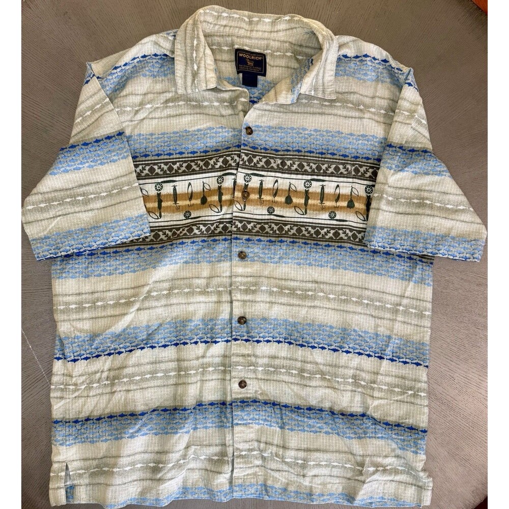 Vintage Woolrich Mens XL Fishing Lure Fish Novelty Print Camp Shirt Short Sleeve